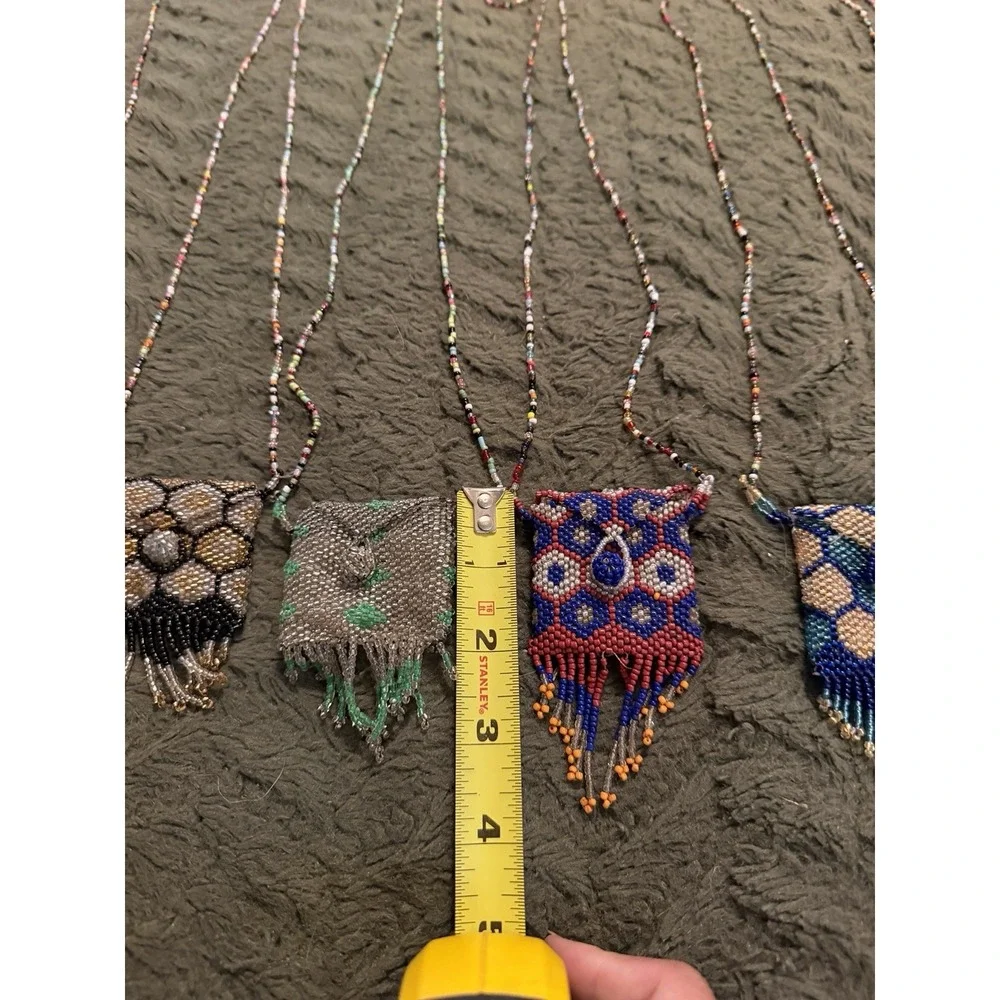 Vintage Hand-Beaded Amulet Medicine Pouch on Beaded Necklace and Fringe Lot Of 7